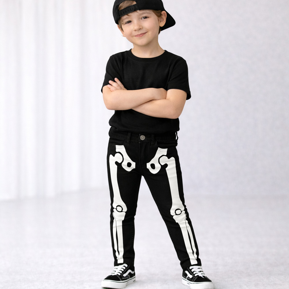 H&M Skeleton Print Black Skinny Jeans Kids 8-9Y Adjustable Waist NWT